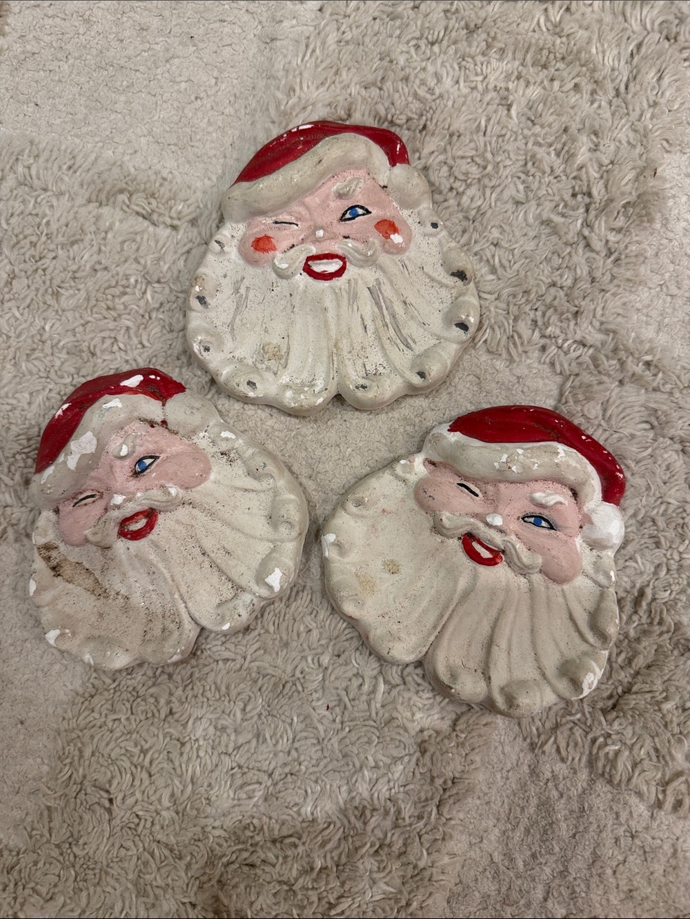 Set of Three Red and White Santa Face Holiday Ornaments